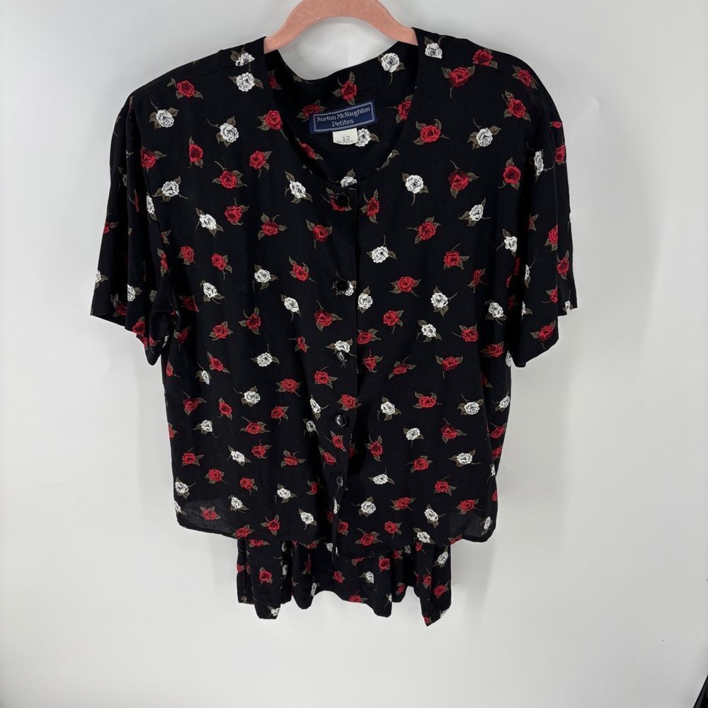 Norton McNaughton Black Top with Red and White Floral Pattern